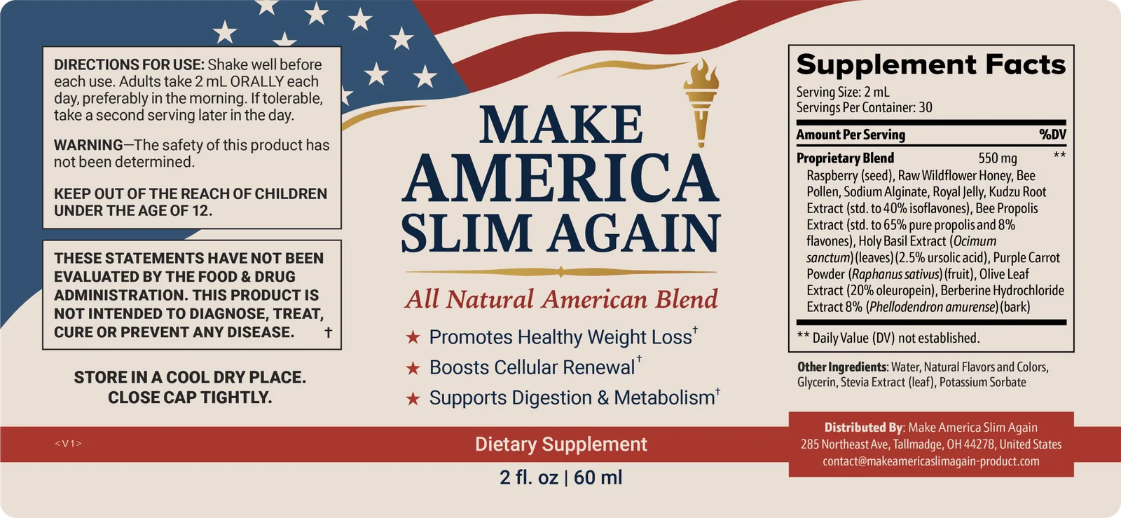 Make America Slim Again supplement facts label with directions and ingredients